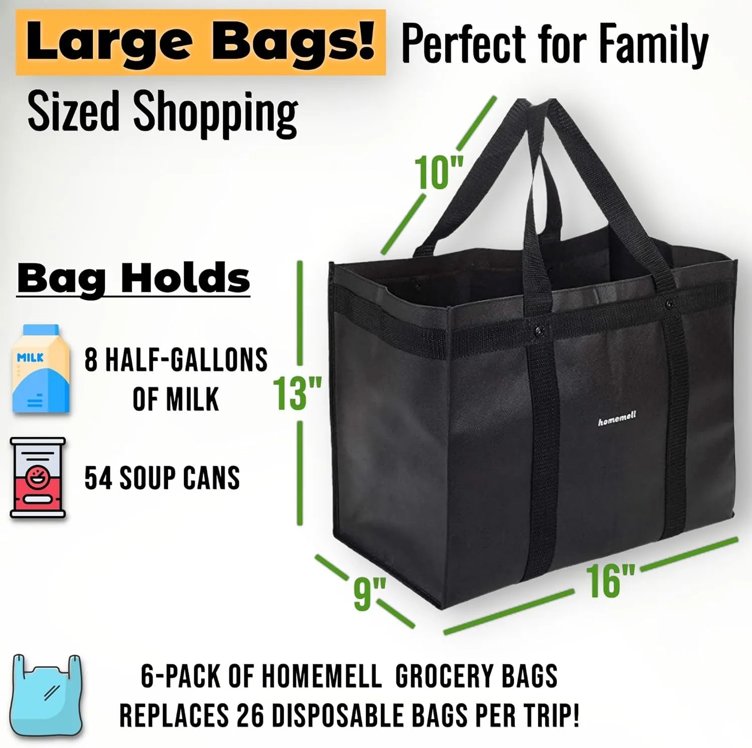Homemell Heavy Duty Reusable Grocery Bags, Large Collapsible Tote Bag Holds 100 LBS, Extra-Strength Premium Material (Black, 2-Pack)