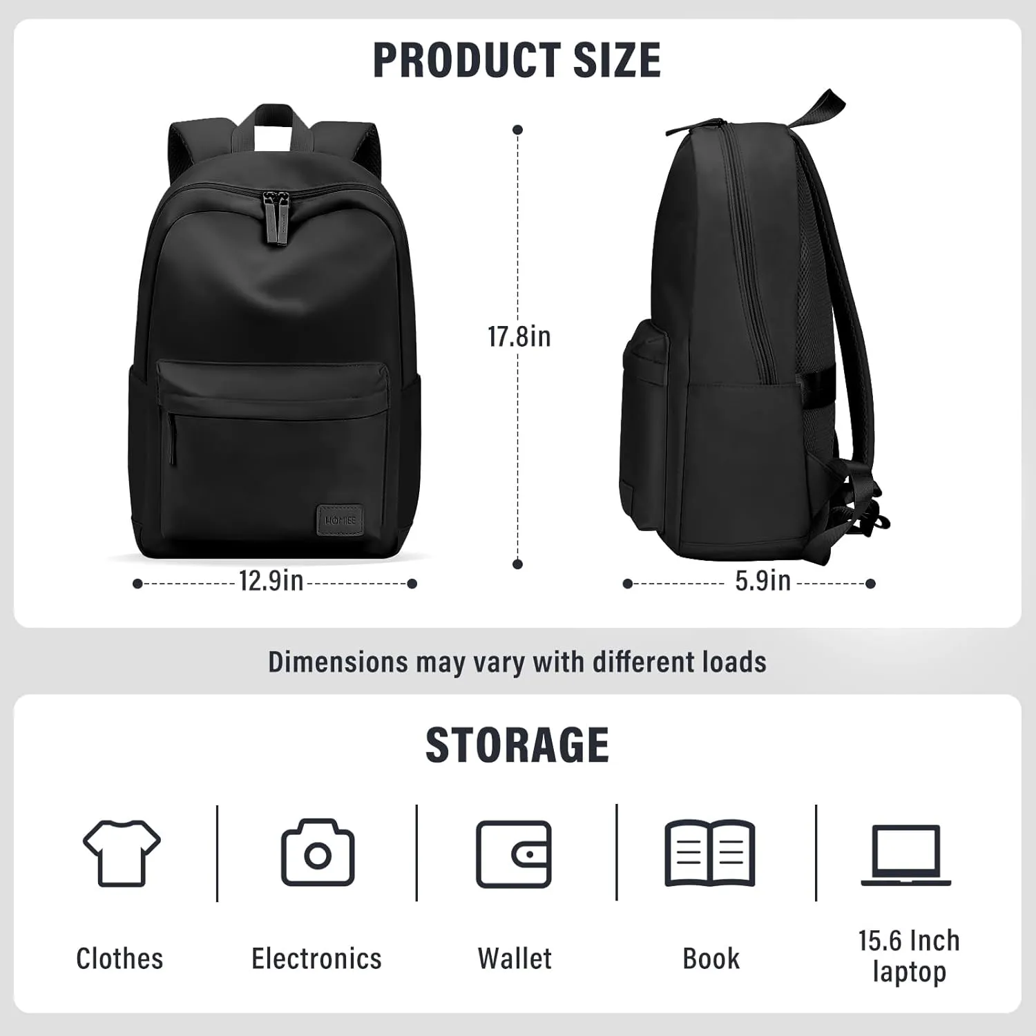 HOMIEE Lightweight Casual Laptop Backpack Fits 15.6 Inch Computer, Water-Resistant Small Daypack Cute Unisex Bookbag for College Work Travel, Black