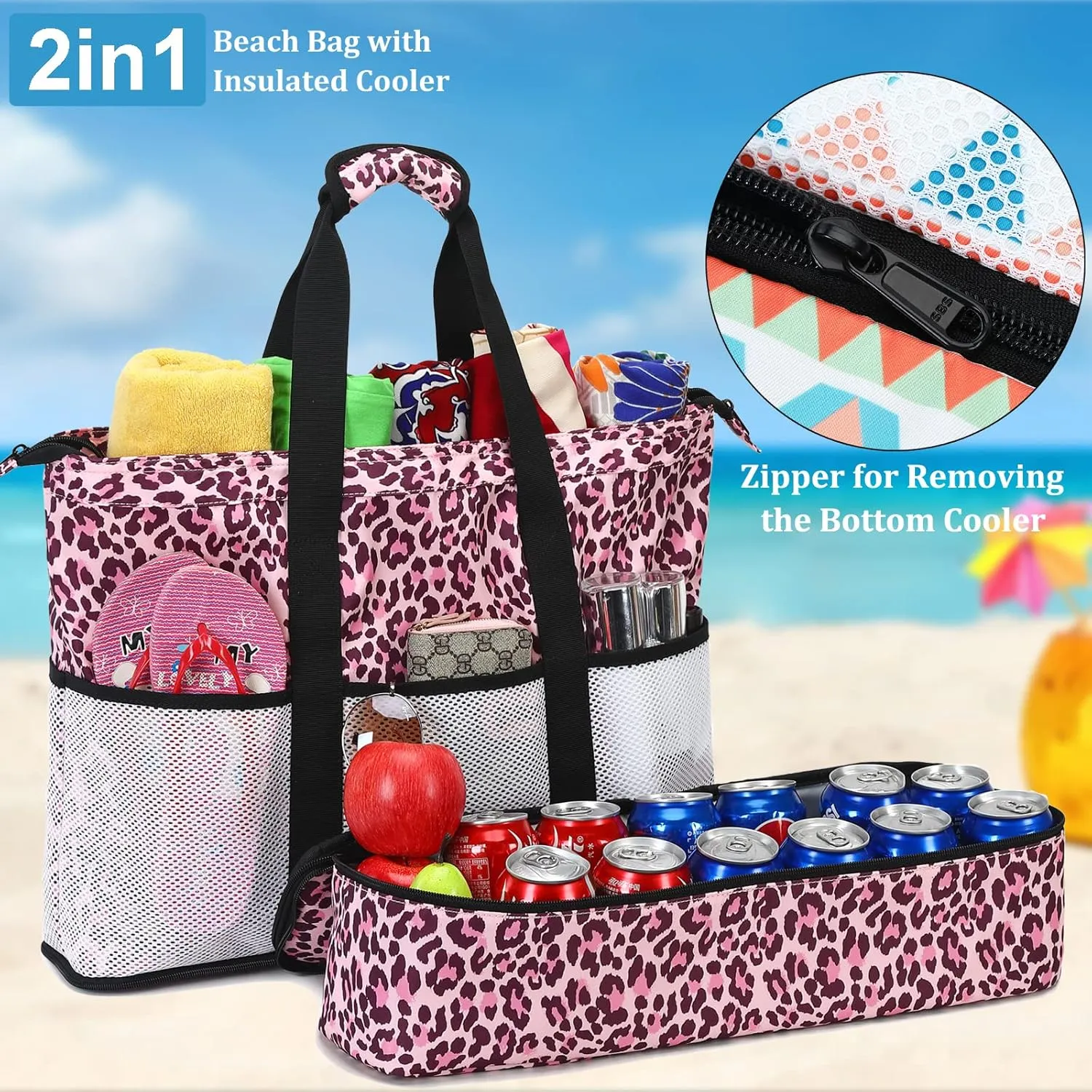 JIANYA Beach Bag Women Waterproof Sandproof Beach Tote Bags with Cooler Top Zipper Large Totes for Pool Travel Daily