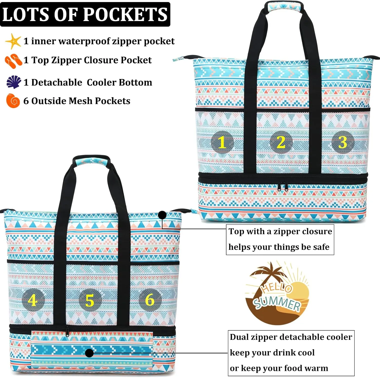 JIANYA Beach Bag Women Waterproof Sandproof Beach Tote Bags with Cooler Top Zipper Large Totes for Pool Travel Daily