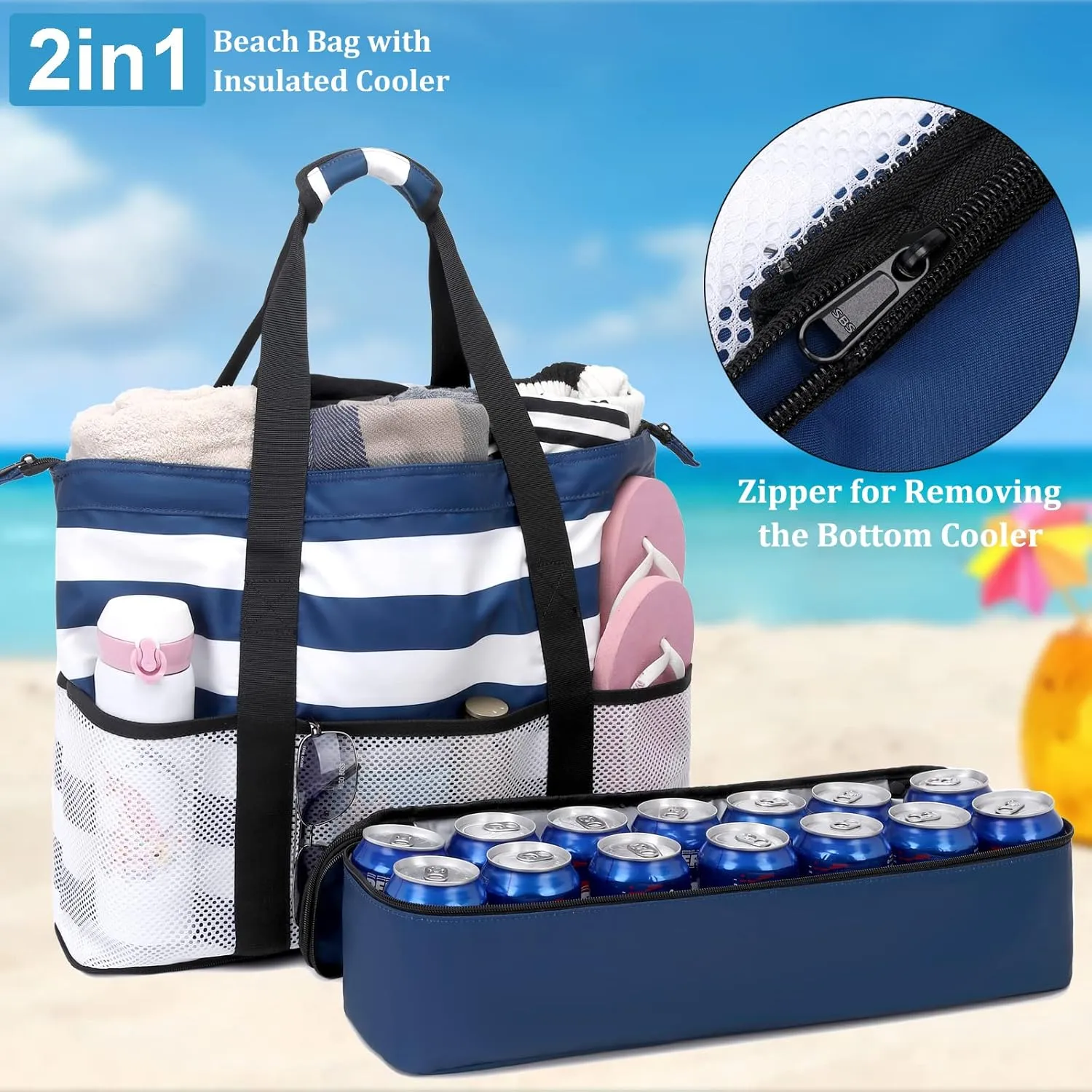 JIANYA Beach Bag Women Waterproof Sandproof Beach Tote Bags with Cooler Top Zipper Large Totes for Pool Travel Daily