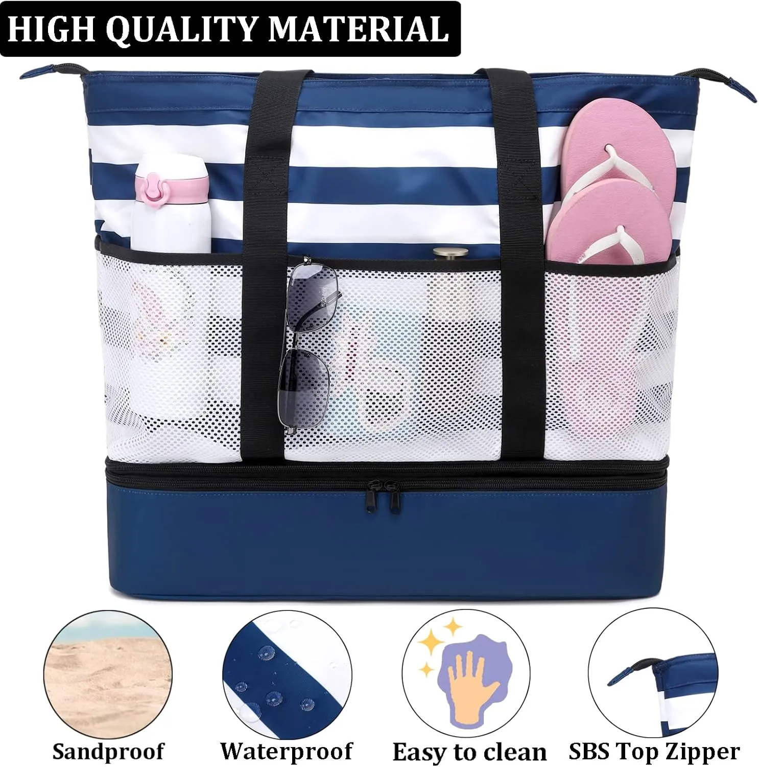 JIANYA Beach Bag Women Waterproof Sandproof Beach Tote Bags with Cooler Top Zipper Large Totes for Pool Travel Daily