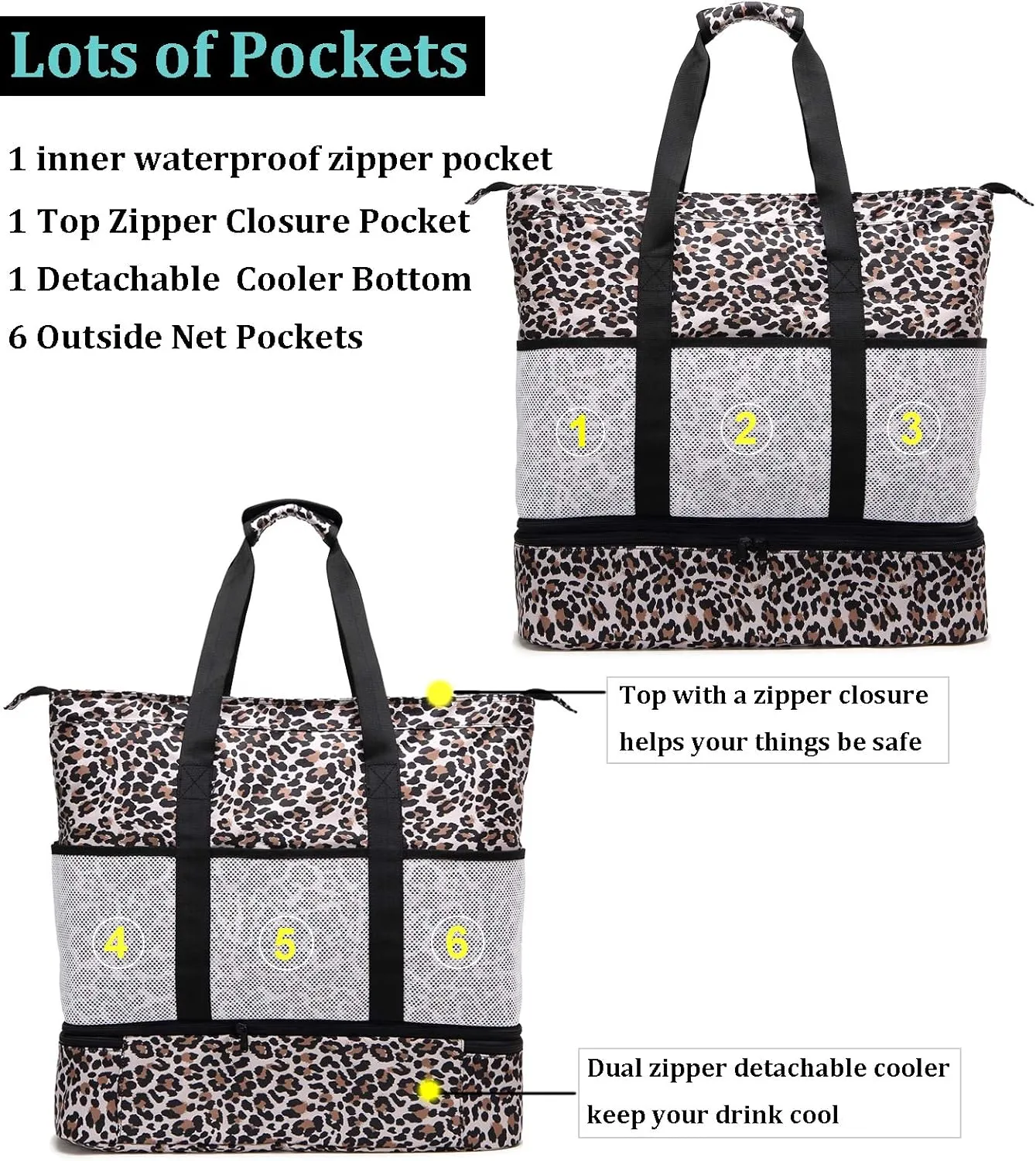 JIANYA Beach Bag Women Waterproof Sandproof Beach Tote Bags with Cooler Top Zipper Large Totes for Pool Travel Daily