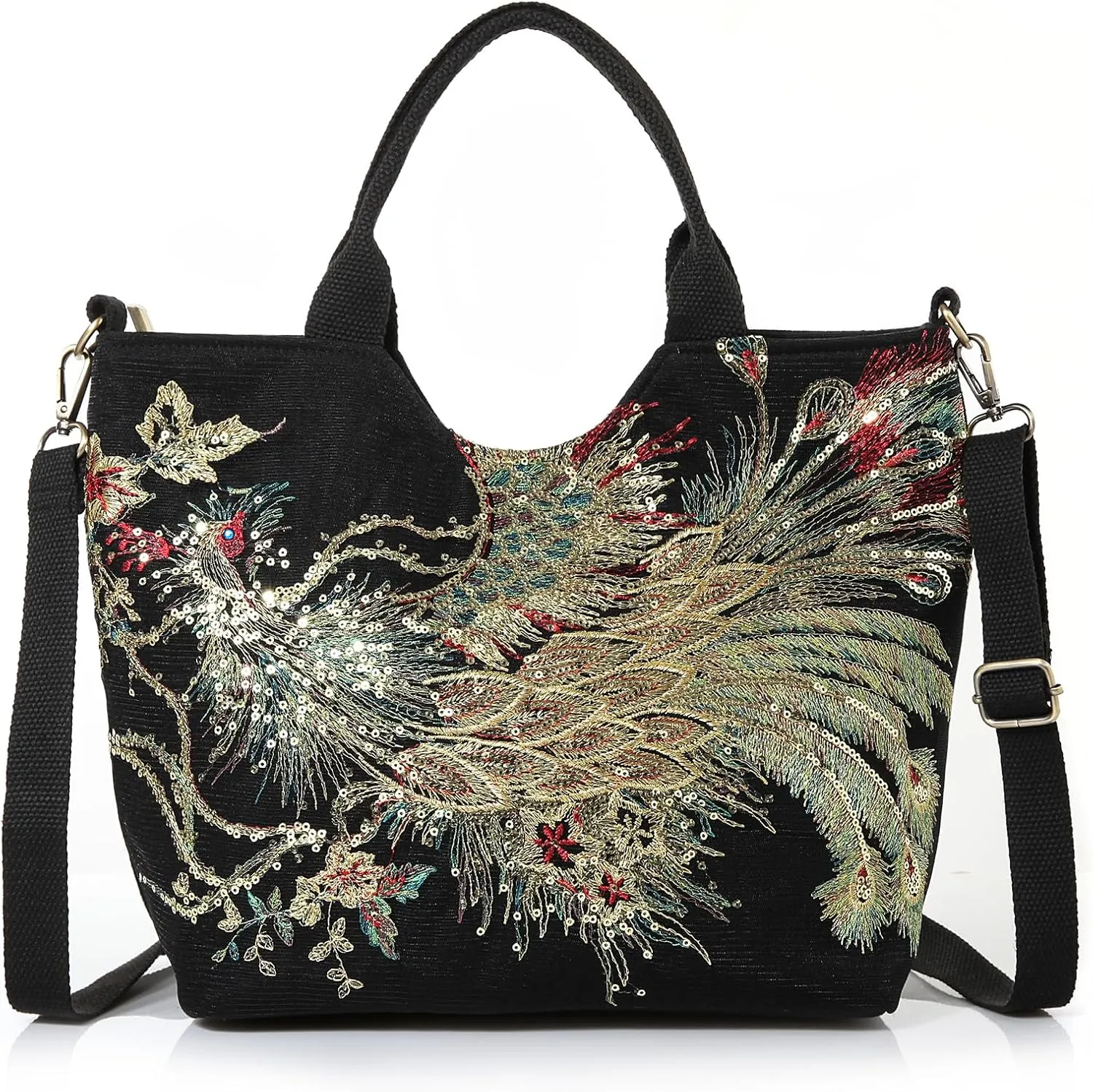 Jursccu Women Canvas Tote Bags Embroidery Handbags Stylish Casual Shoulder Bags