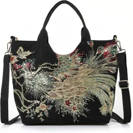 Jursccu Women Canvas Tote Bags Embroidery Handbags Stylish Casual Shoulder Bags