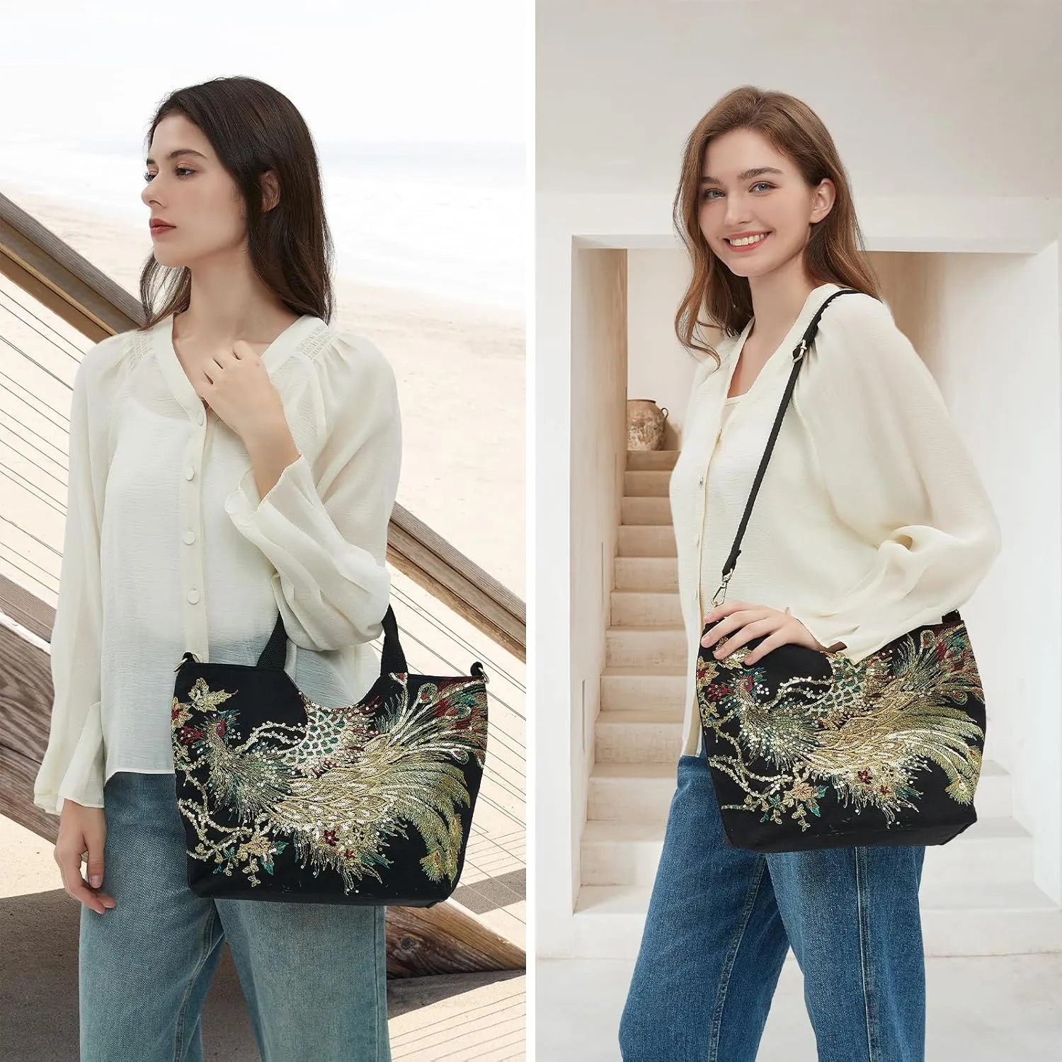 Jursccu Women Canvas Tote Bags Embroidery Handbags Stylish Casual Shoulder Bags