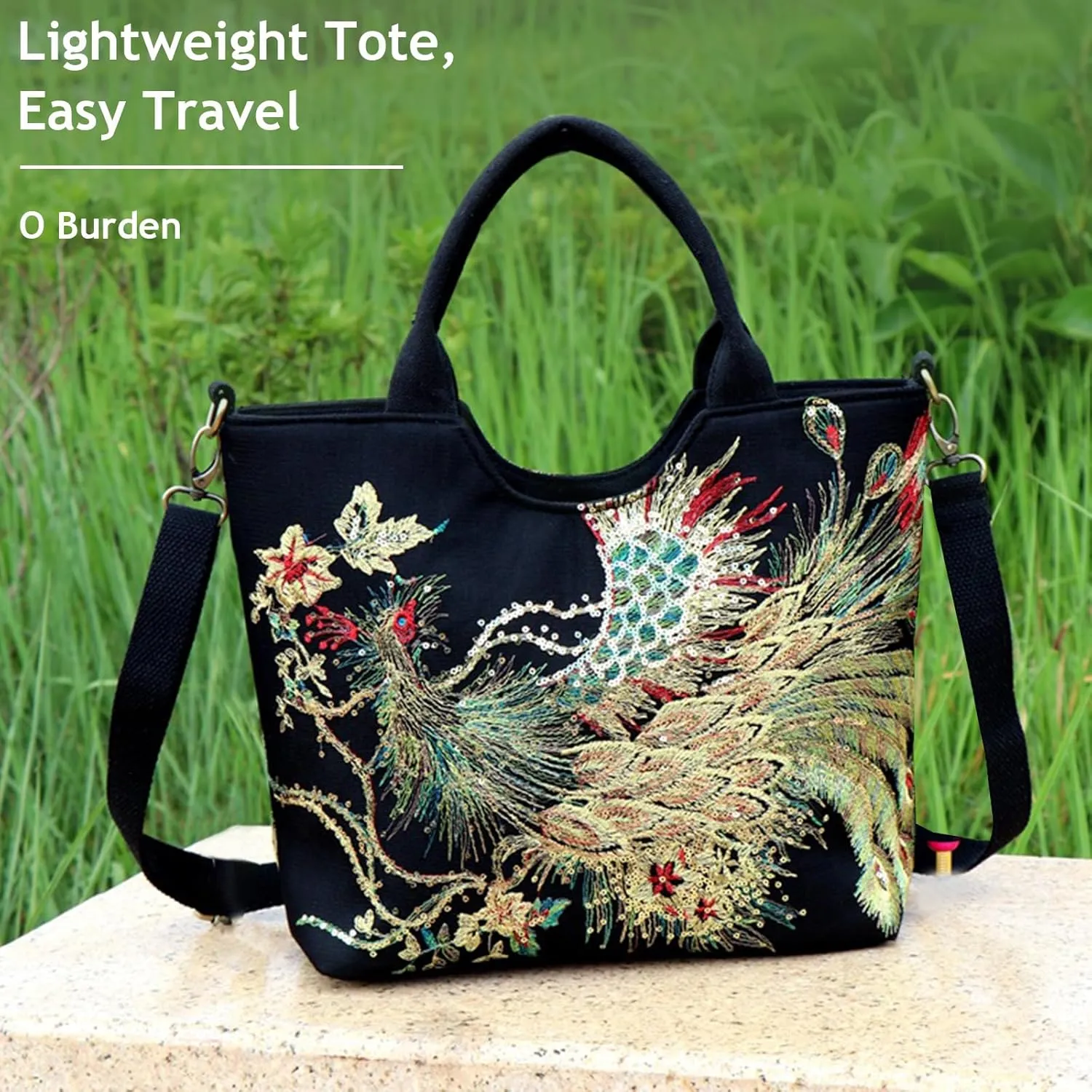 Jursccu Women Canvas Tote Bags Embroidery Handbags Stylish Casual Shoulder Bags