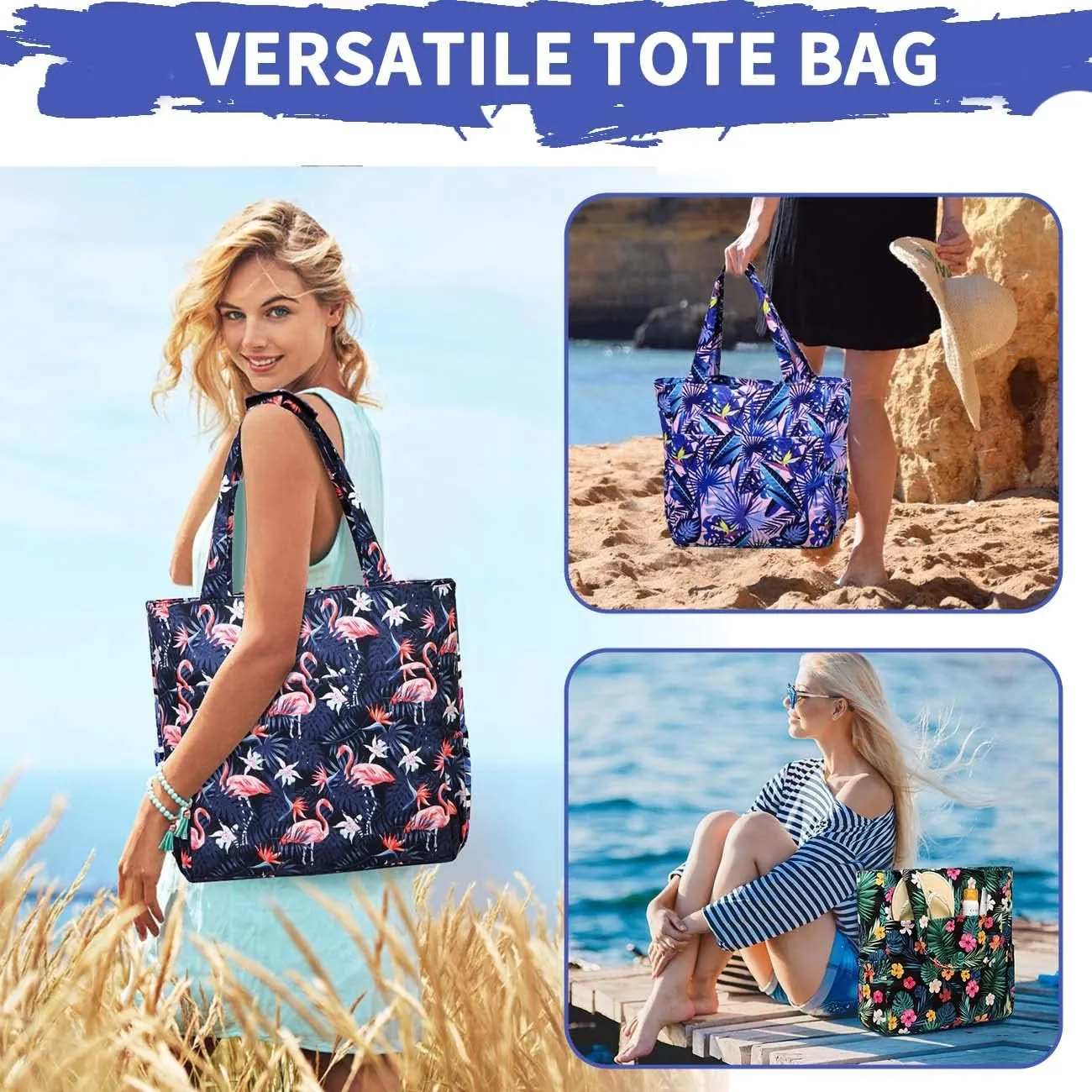 Kasqo Beach Tote Bags for Women, Waterproof Sandproof Large Pool Bag Stylish Zipper Beach Tote for Gym Travel Shopping School