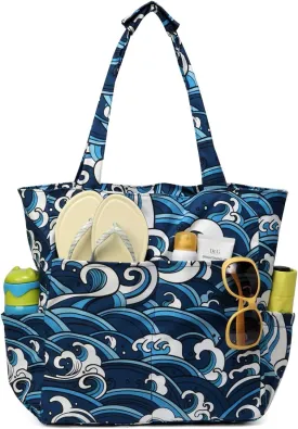 Kasqo Beach Tote Bags for Women, Waterproof Sandproof Large Pool Bag Stylish Zipper Beach Tote for Gym Travel Shopping School