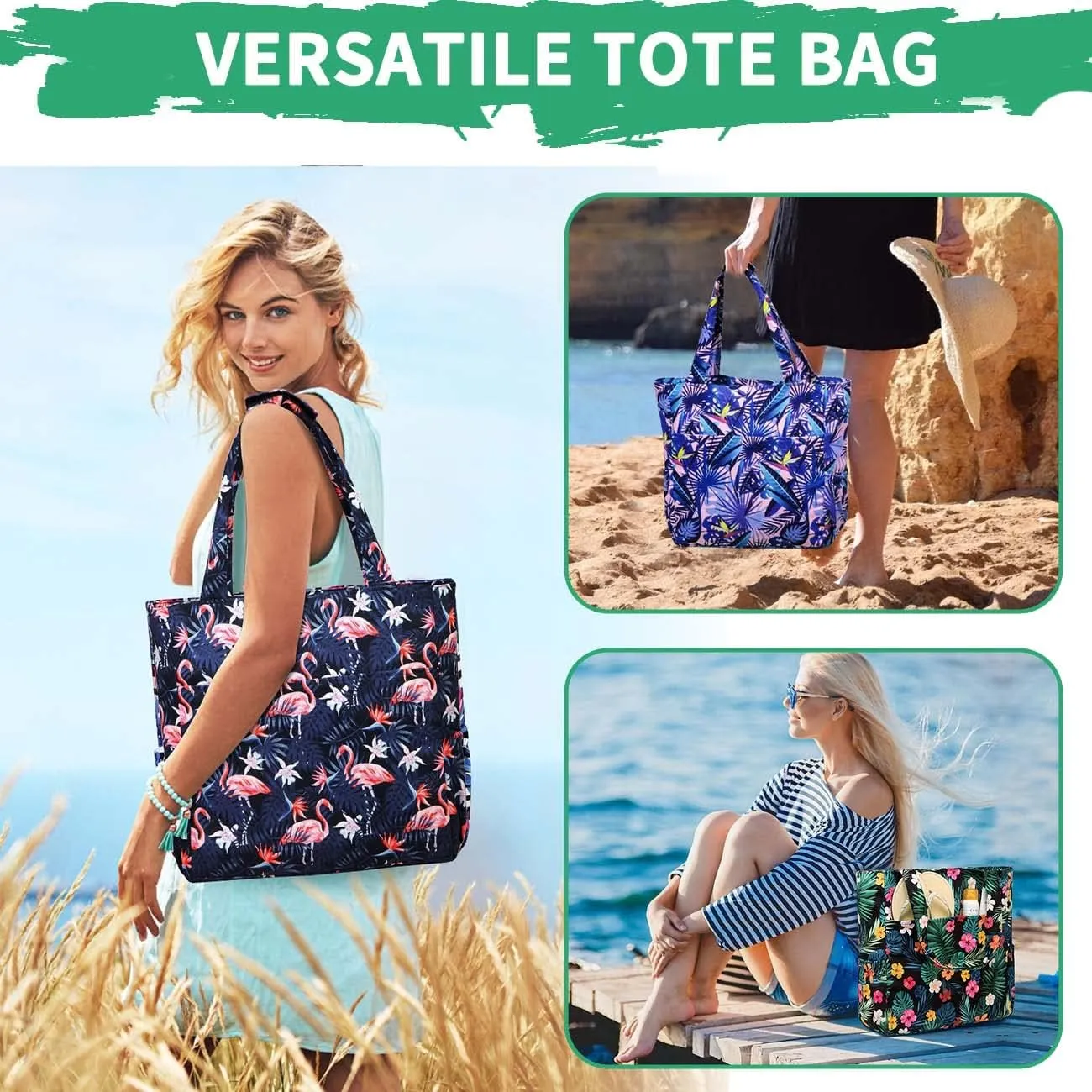 Kasqo Beach Tote Bags for Women, Waterproof Sandproof Large Pool Bag Stylish Zipper Beach Tote for Gym Travel Shopping School