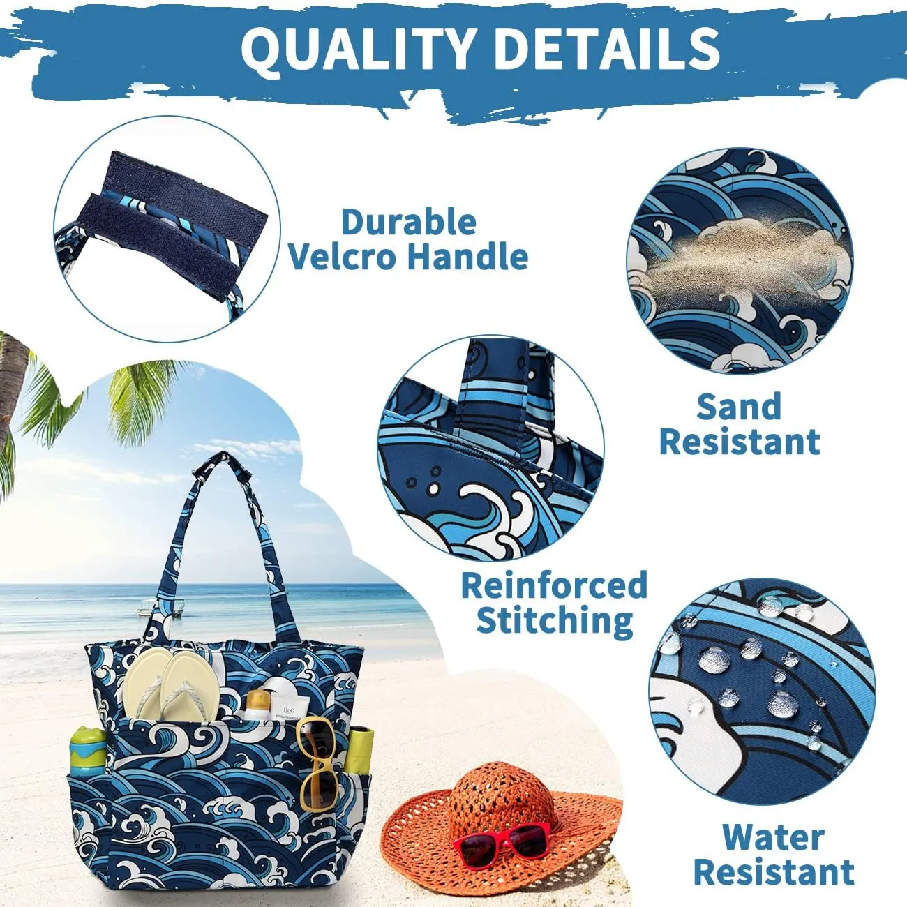 Kasqo Beach Tote Bags for Women, Waterproof Sandproof Large Pool Bag Stylish Zipper Beach Tote for Gym Travel Shopping School