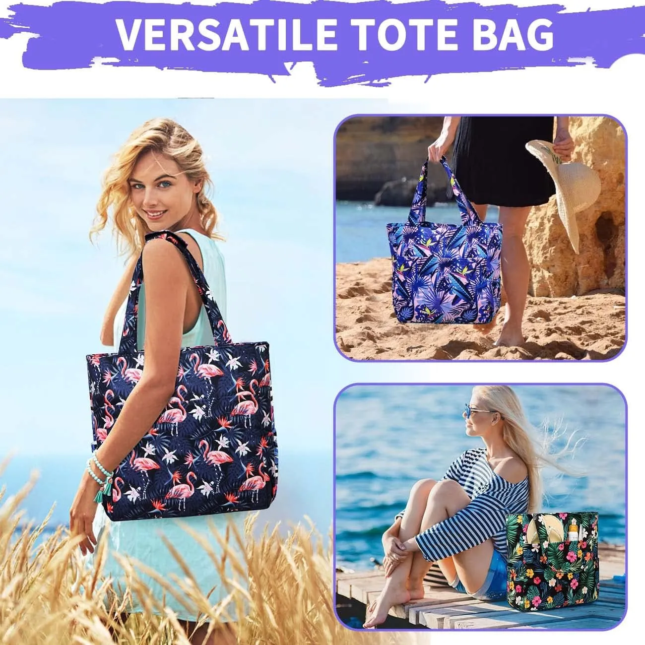 Kasqo Beach Tote Bags for Women, Waterproof Sandproof Large Pool Bag Stylish Zipper Beach Tote for Gym Travel Shopping School