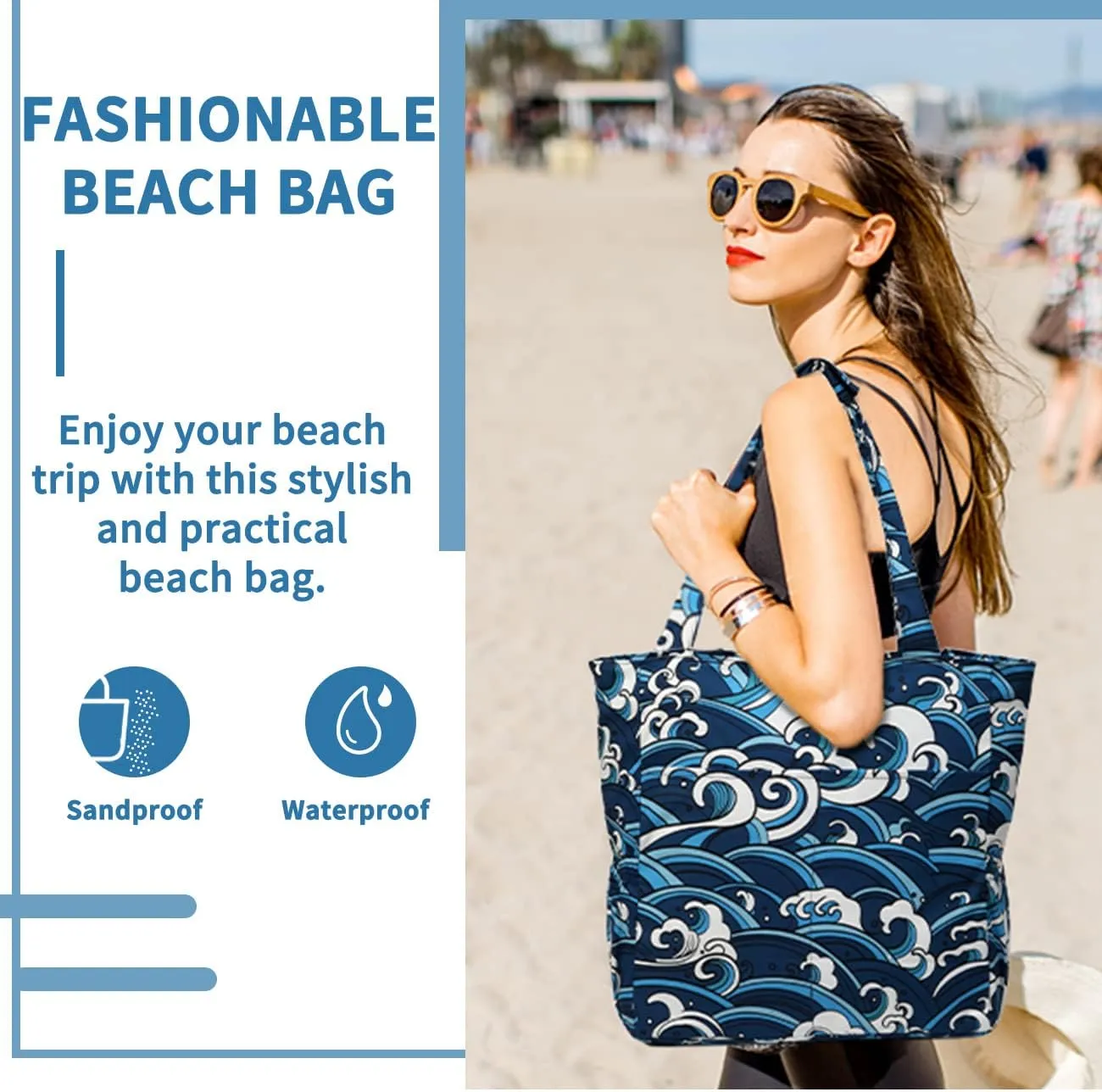Kasqo Beach Tote Bags for Women, Waterproof Sandproof Large Pool Bag Stylish Zipper Beach Tote for Gym Travel Shopping School