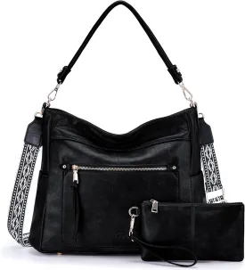 Kasqo Hobo Bags for Women,Medium Vegan Leather Handbag with Wallet Pouch Guitar Strap Crossbody Tote Purse Shoulder Bag Black