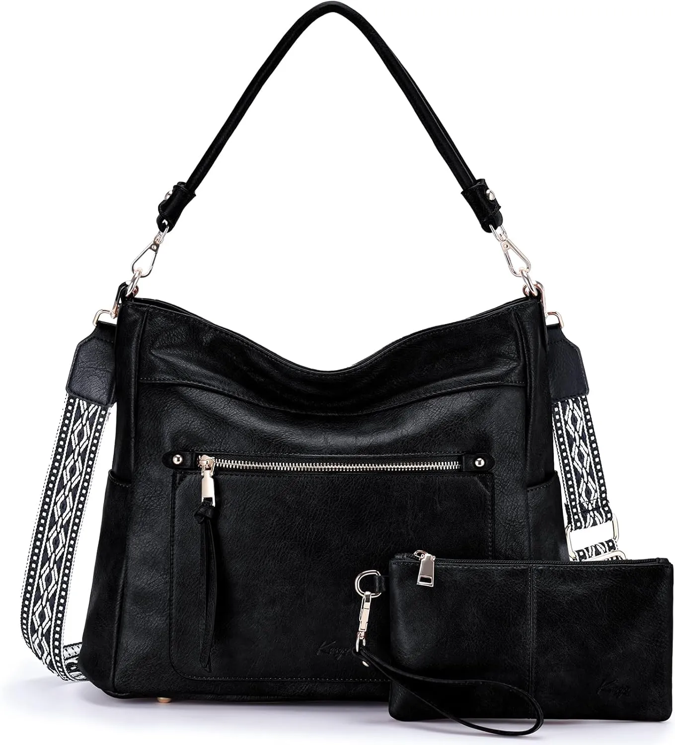 Kasqo Hobo Bags for Women,Medium Vegan Leather Handbag with Wallet Pouch Guitar Strap Crossbody Tote Purse Shoulder Bag Black
