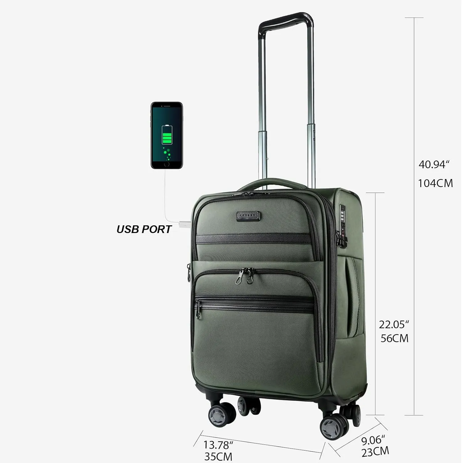 KROSER Softside Expandable Carry On Luggage with Spinner Wheels & Built-in TSA Lock, Durable Suitcase Rolling Luggage with USB Port, Carry-On 20-Inch, Army Green