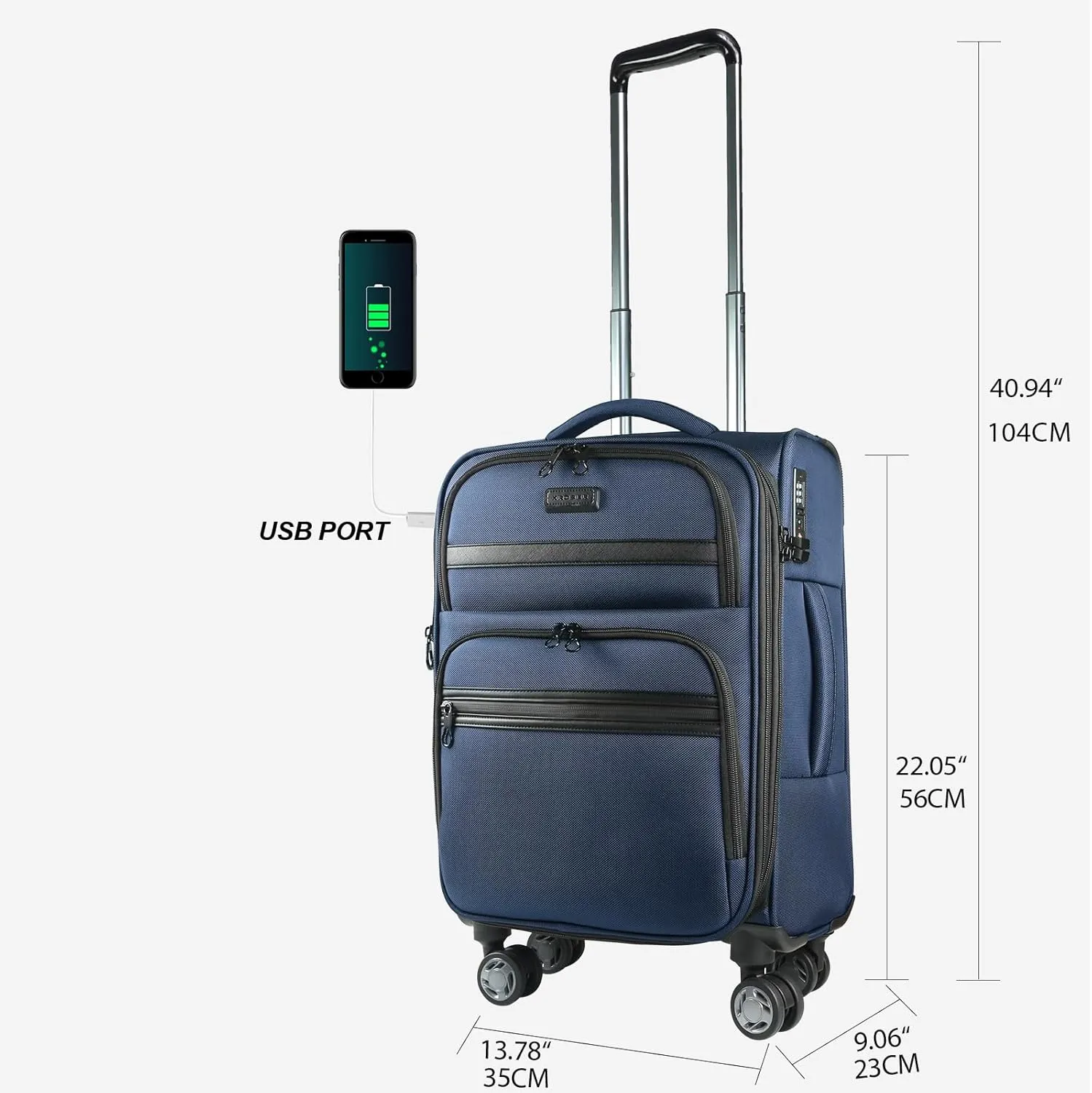 KROSER Softside Expandable Carry On Luggage with Spinner Wheels & Built-in TSA Lock, Durable Suitcase Rolling Luggage with USB Port, Carry-On 20-Inch, Navy