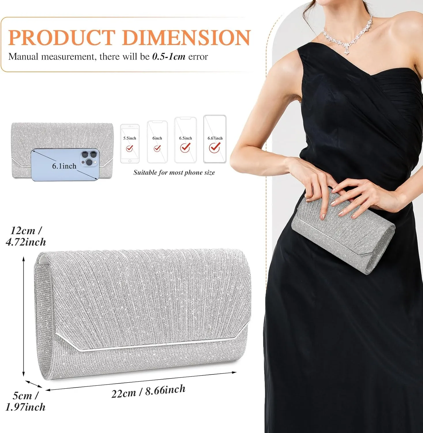 Ladies Pleated Evening Clutches Glitter Envelope Handbag Elegant Small Shoulder Bag for Wedding Party Prom Bridal