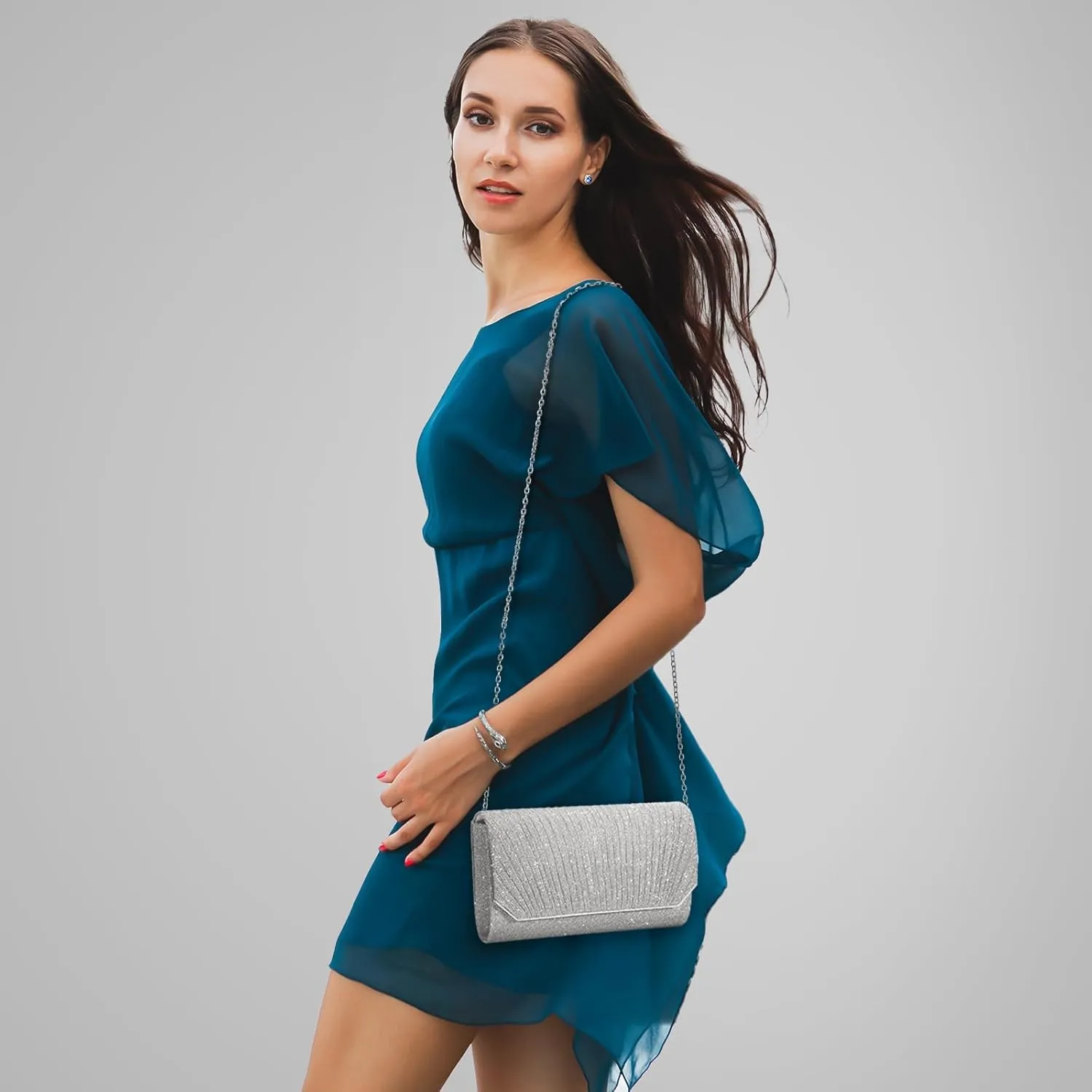 Ladies Pleated Evening Clutches Glitter Envelope Handbag Elegant Small Shoulder Bag for Wedding Party Prom Bridal