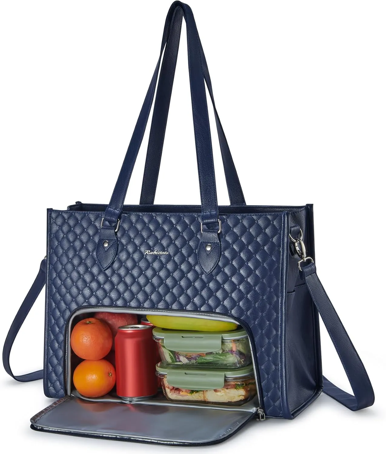 Laptop Tote Bag with Insulated Lunch Compartment for Women, PU Leather 15.6 Inch Work Bag, Elegant Computer Handbag, Versatile Business Tote for Office,Travel or Casual-Midnight Blue