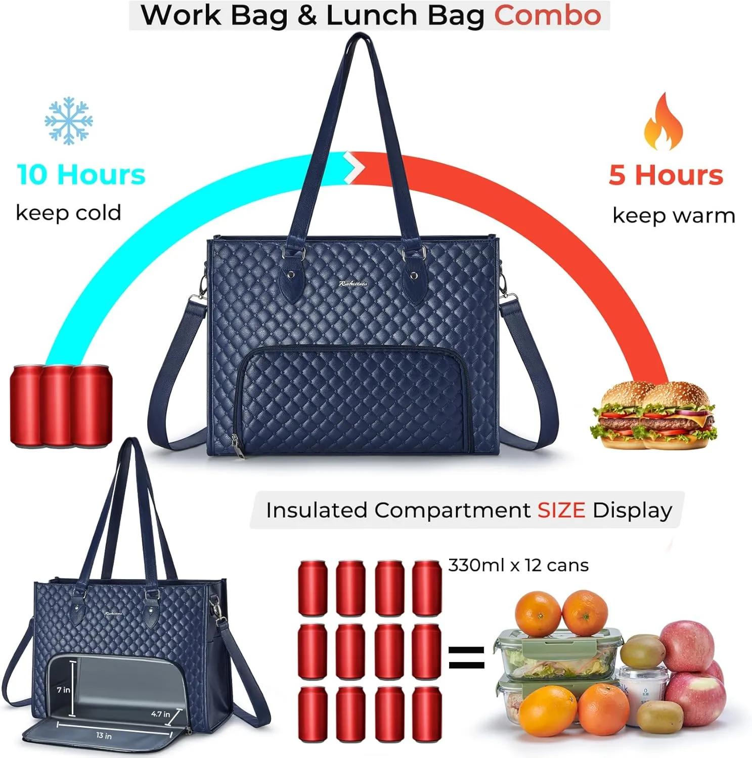 Laptop Tote Bag with Insulated Lunch Compartment for Women, PU Leather 15.6 Inch Work Bag, Elegant Computer Handbag, Versatile Business Tote for Office,Travel or Casual-Midnight Blue