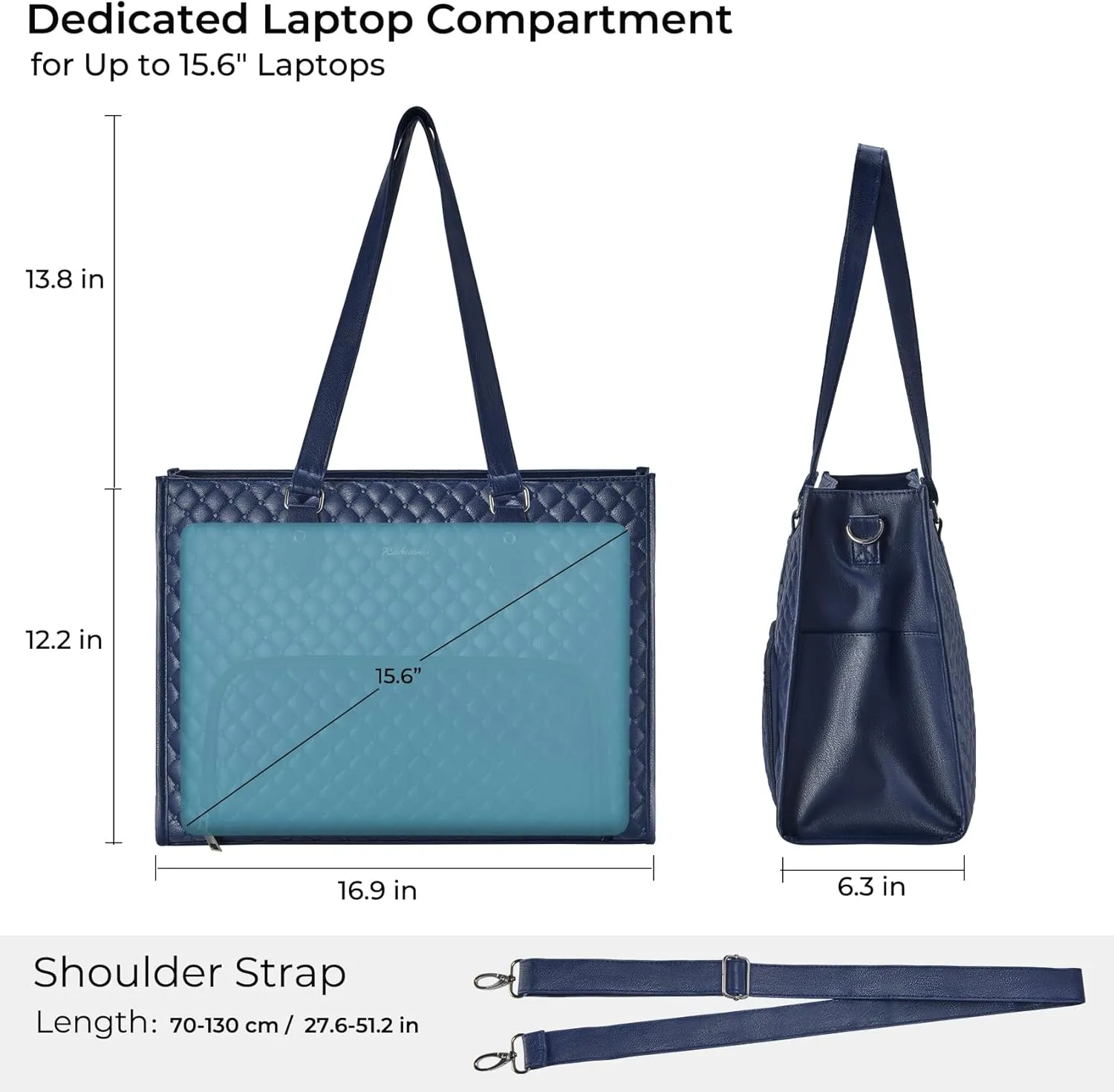 Laptop Tote Bag with Insulated Lunch Compartment for Women, PU Leather 15.6 Inch Work Bag, Elegant Computer Handbag, Versatile Business Tote for Office,Travel or Casual-Midnight Blue