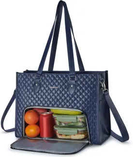 Laptop Tote Bag with Insulated Lunch Compartment for Women, PU Leather 15.6 Inch Work Bag, Elegant Computer Handbag, Versatile Business Tote for Office,Travel or Casual-Midnight Blue