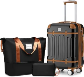 LARVENDER Luggage Sets 3 Piece, Expandable Carry on Luggage 22x14x9 Airline Approved Hardshell Suitcases with Spinner Wheels TSA Lock, Vintage Rolling Luggage for Men and Women, Black