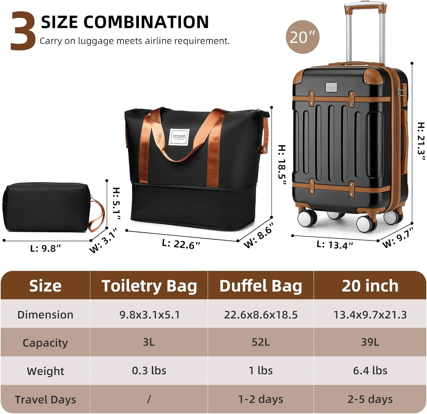 LARVENDER Luggage Sets 3 Piece, Expandable Carry on Luggage 22x14x9 Airline Approved Hardshell Suitcases with Spinner Wheels TSA Lock, Vintage Rolling Luggage for Men and Women, Black