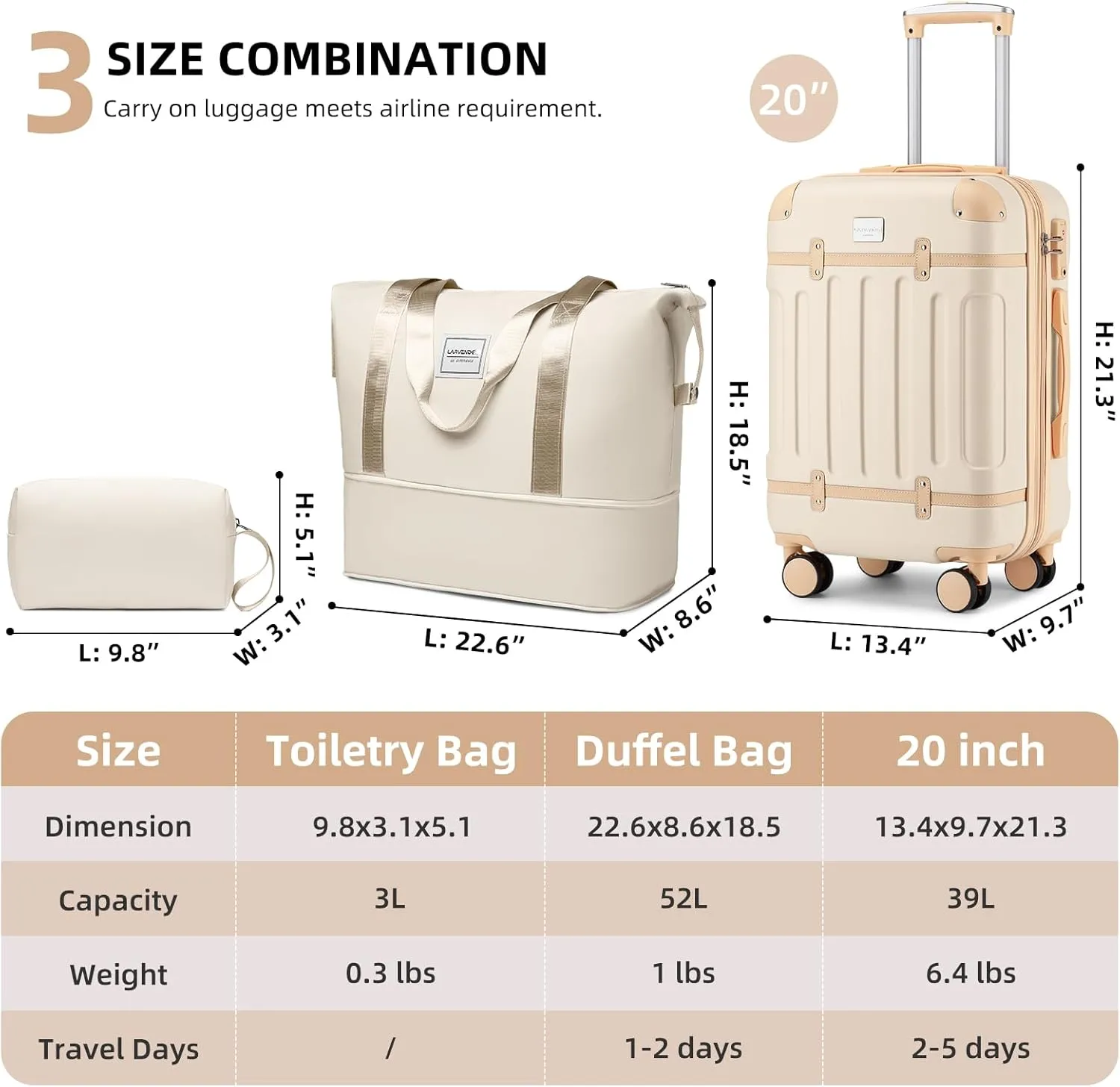 LARVENDER Luggage Sets 3 Piece, Expandable Carry on Luggage 22x14x9 Airline Approved Hardshell Suitcases with Spinner Wheels TSA Lock, Vintage Rolling Luggage for Men and Women, Cream White
