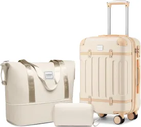 LARVENDER Luggage Sets 3 Piece, Expandable Carry on Luggage 22x14x9 Airline Approved Hardshell Suitcases with Spinner Wheels TSA Lock, Vintage Rolling Luggage for Men and Women, Cream White