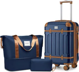 LARVENDER Luggage Sets 3 Piece, Expandable Carry on Luggage 22x14x9 Airline Approved Hardshell Suitcases with Spinner Wheels TSA Lock, Vintage Rolling Luggage for Men and Women, Navy Blue