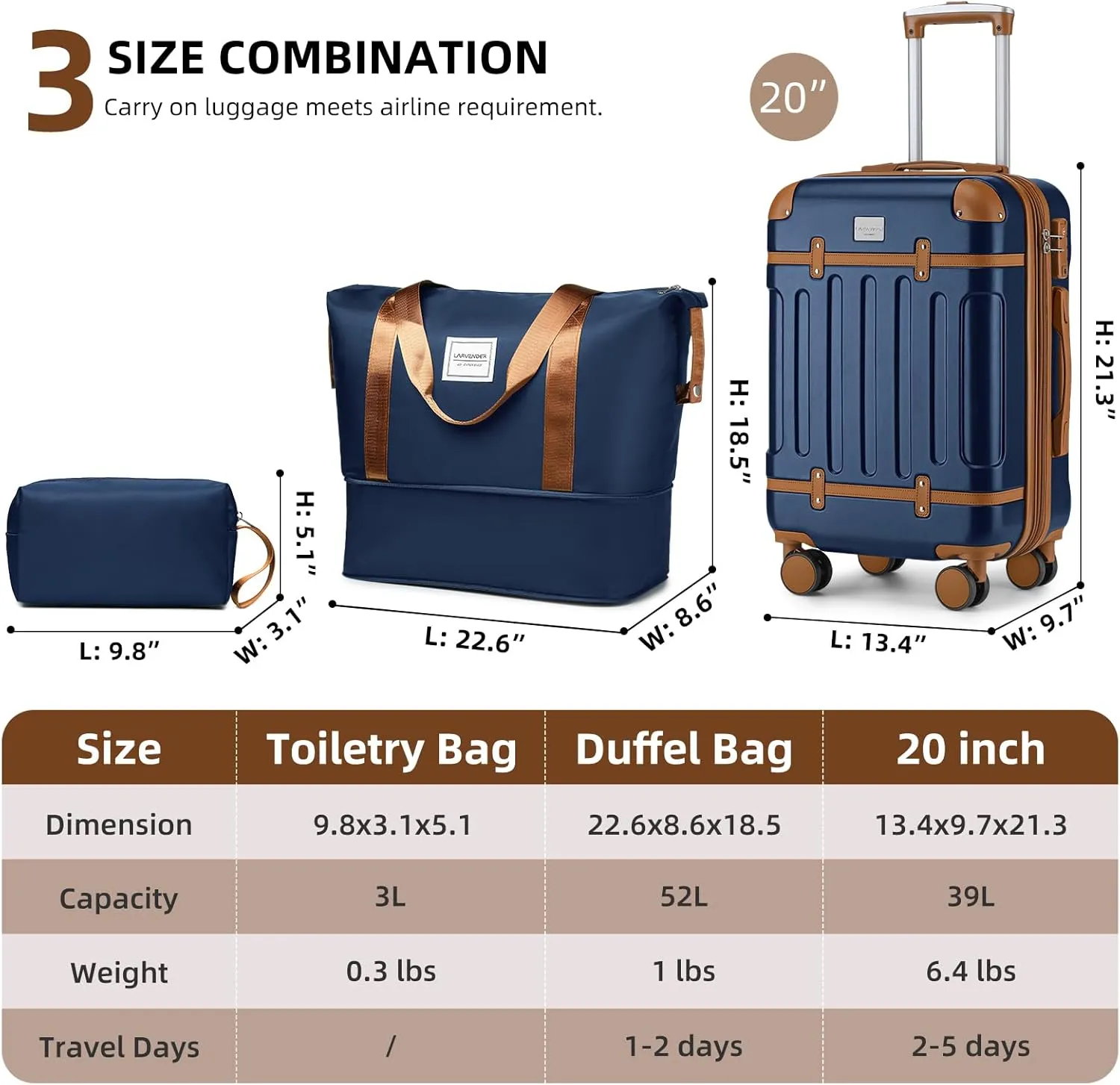 LARVENDER Luggage Sets 3 Piece, Expandable Carry on Luggage 22x14x9 Airline Approved Hardshell Suitcases with Spinner Wheels TSA Lock, Vintage Rolling Luggage for Men and Women, Navy Blue