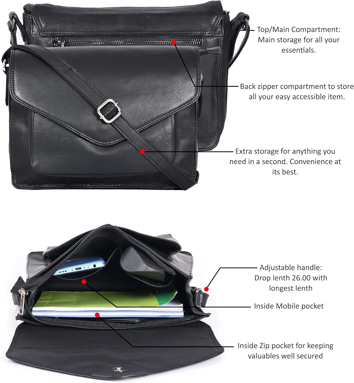 Leather Flapover Crossbody Handbag Purse for Women with Adjustable Strap & Overflap Snap Closure Tote/Bag