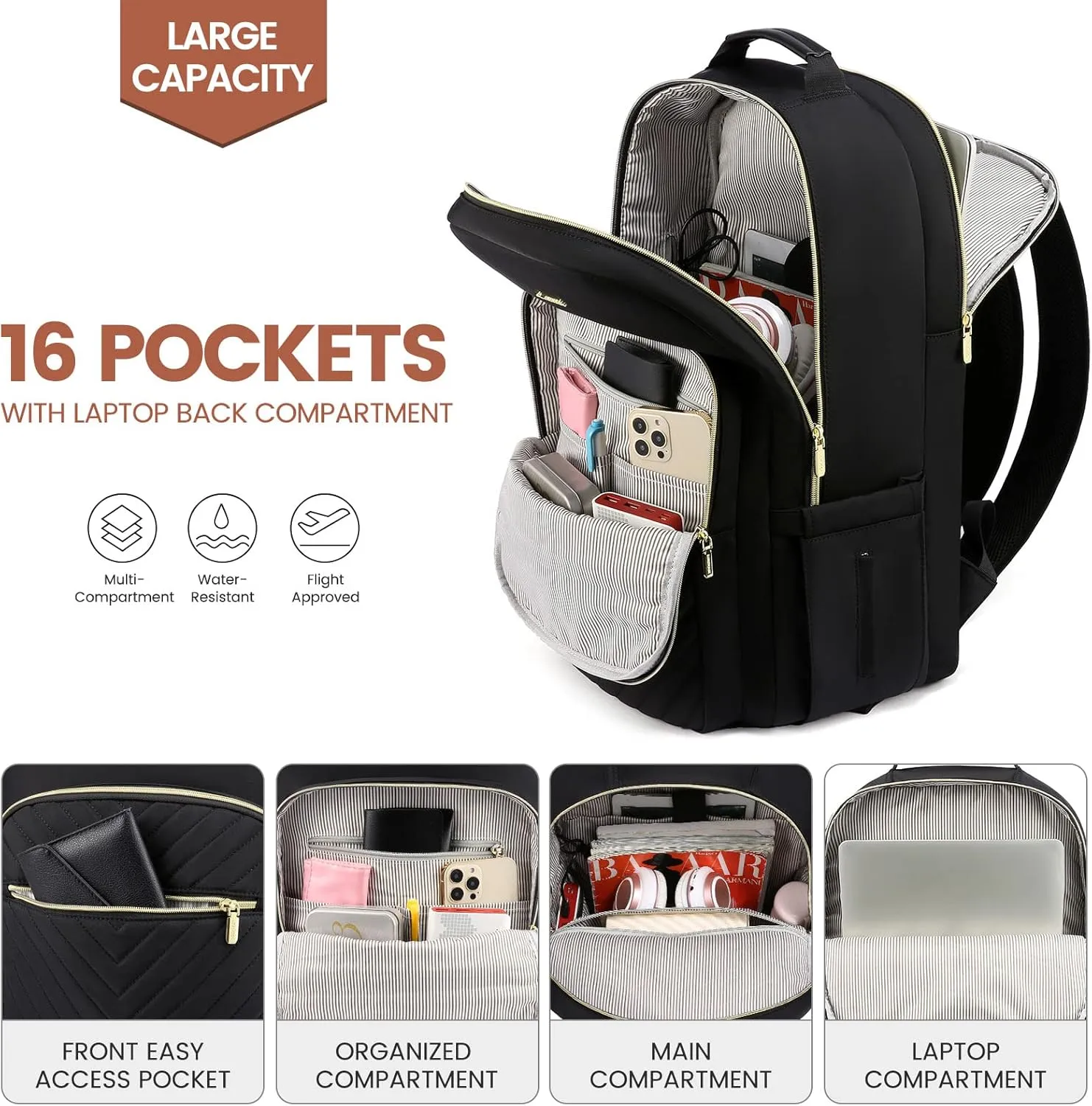 LOVEVOOK Laptop Backpack for Women 17.3 inch,Cute Womens Travel Backpack Purse,Professional Computer Bag,Waterproof Work Business College Teacher Bags Carry on Backpack with USB Port,Black