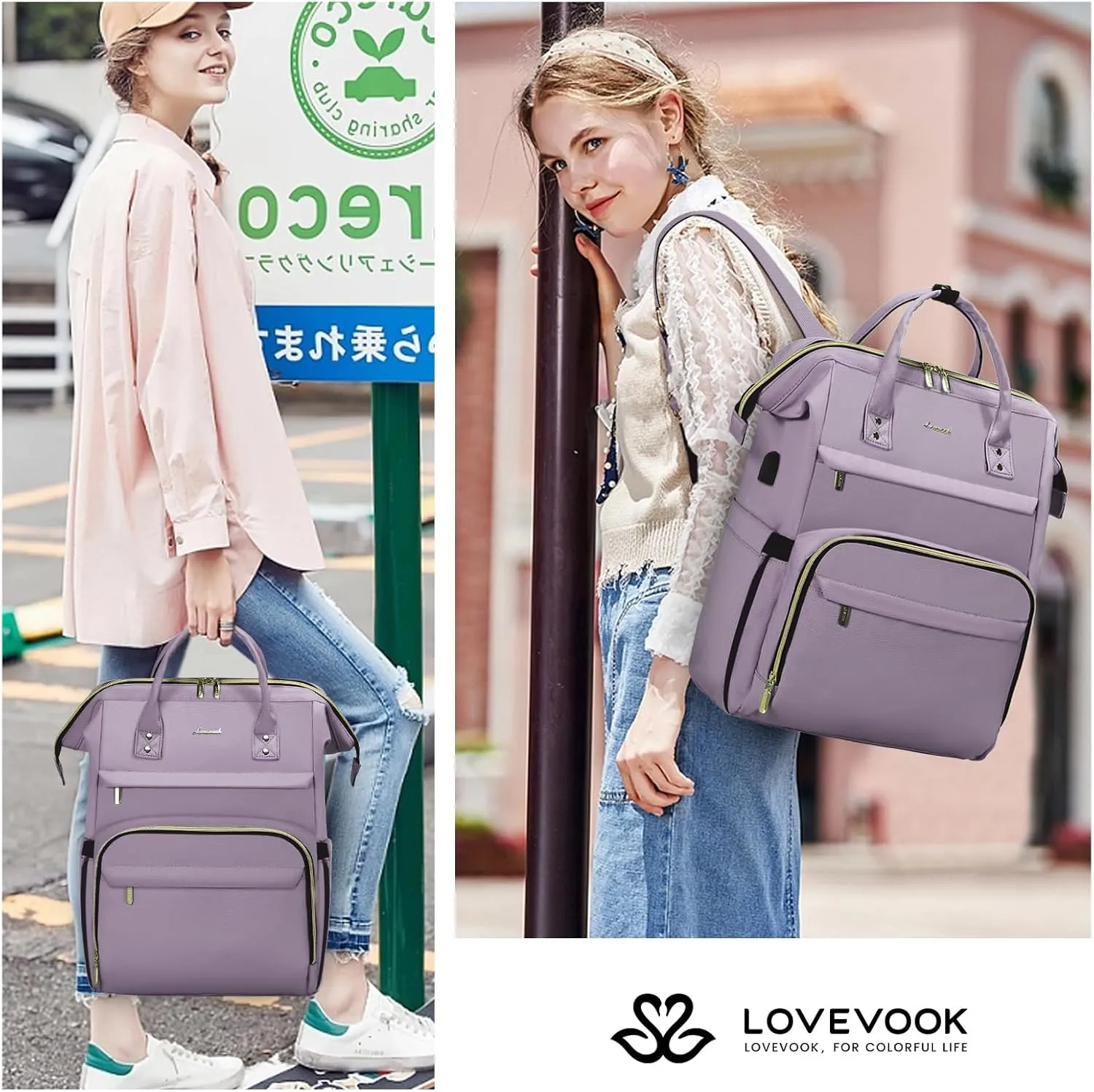 LOVEVOOK Laptop Backpack for Women,17 Inch Professional Womens Travel Backpack Purse Computer Laptop Bag Nurse Teacher Backpack,Waterproof Work Bags Carry on Back Pack with USB Port,Light Purple