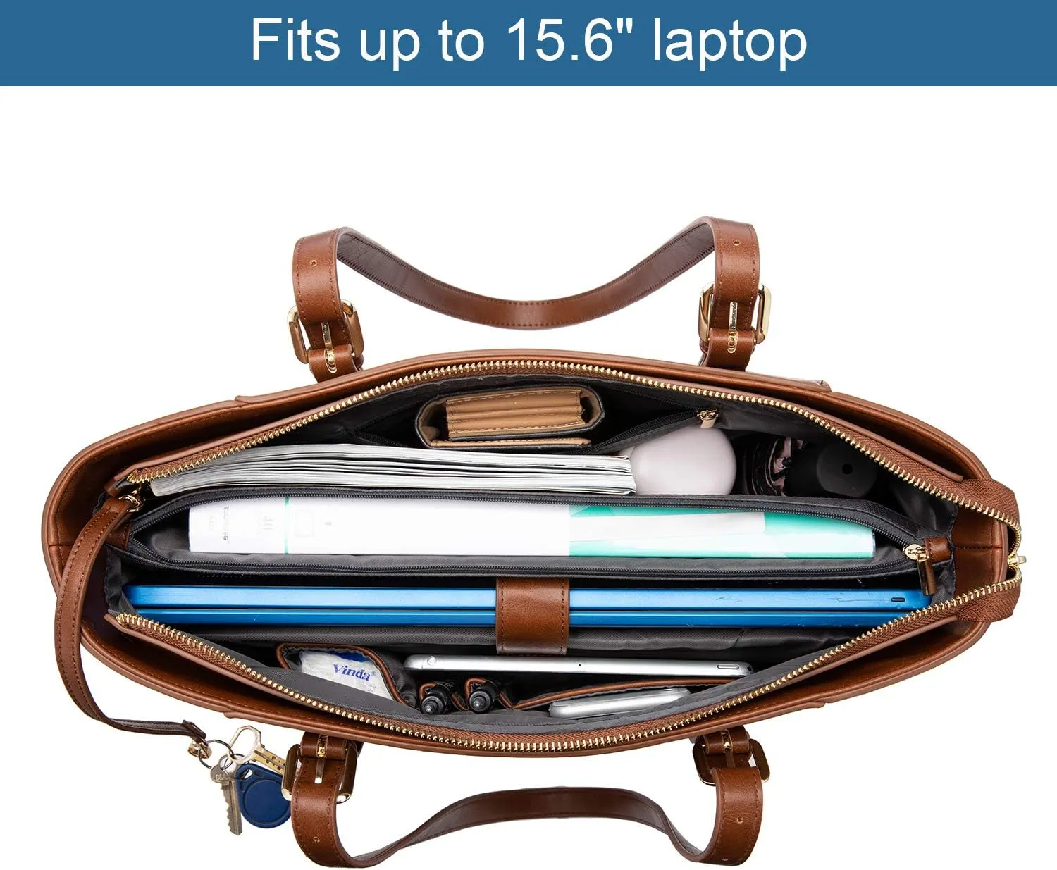 LOVEVOOK Laptop Bag for Women, Structured Leather Computer Bag, Professional Work Tote Purse, Teacher/Attorneys Choice, Retro-Brown