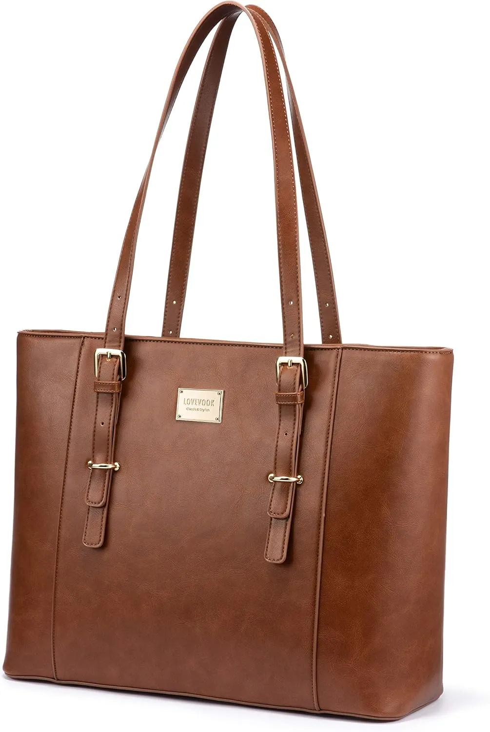 LOVEVOOK Laptop Bag for Women, Structured Leather Computer Bag, Professional Work Tote Purse, Teacher/Attorneys Choice, Retro-Brown