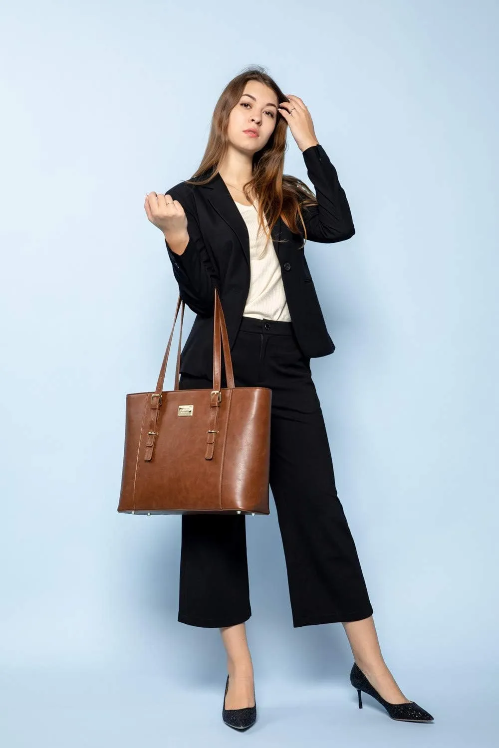 LOVEVOOK Laptop Bag for Women, Structured Leather Computer Bag, Professional Work Tote Purse, Teacher/Attorneys Choice, Retro-Brown