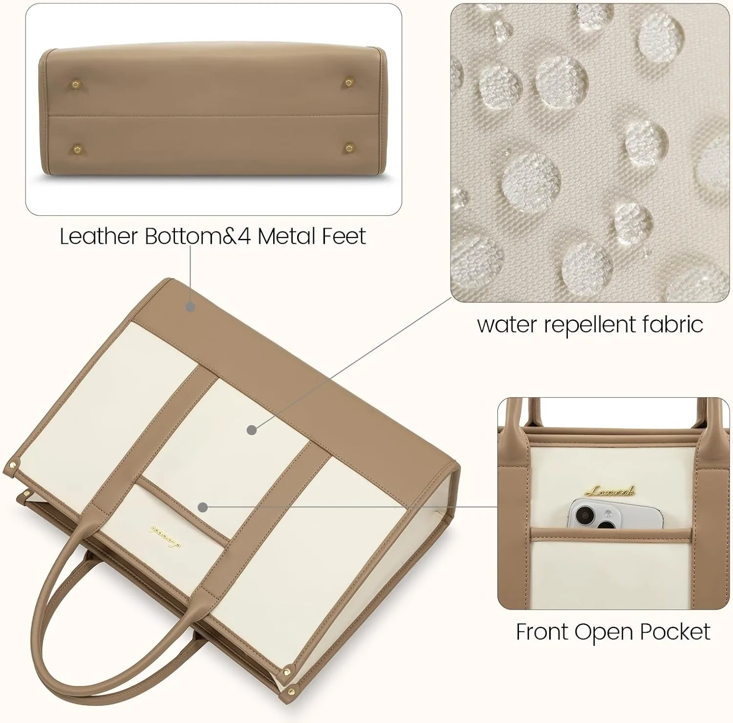 LOVEVOOK Laptop Tote Bags for Women Canvas Work Bag 15.6 inch Large Professional Teacher Purse Lightweight Computer Bag Briefcase Business Office, Beige-nude