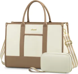 LOVEVOOK Laptop Tote Bags for Women Canvas Work Bag 15.6 inch Large Professional Teacher Purse Lightweight Computer Bag Briefcase Business Office, Beige-nude