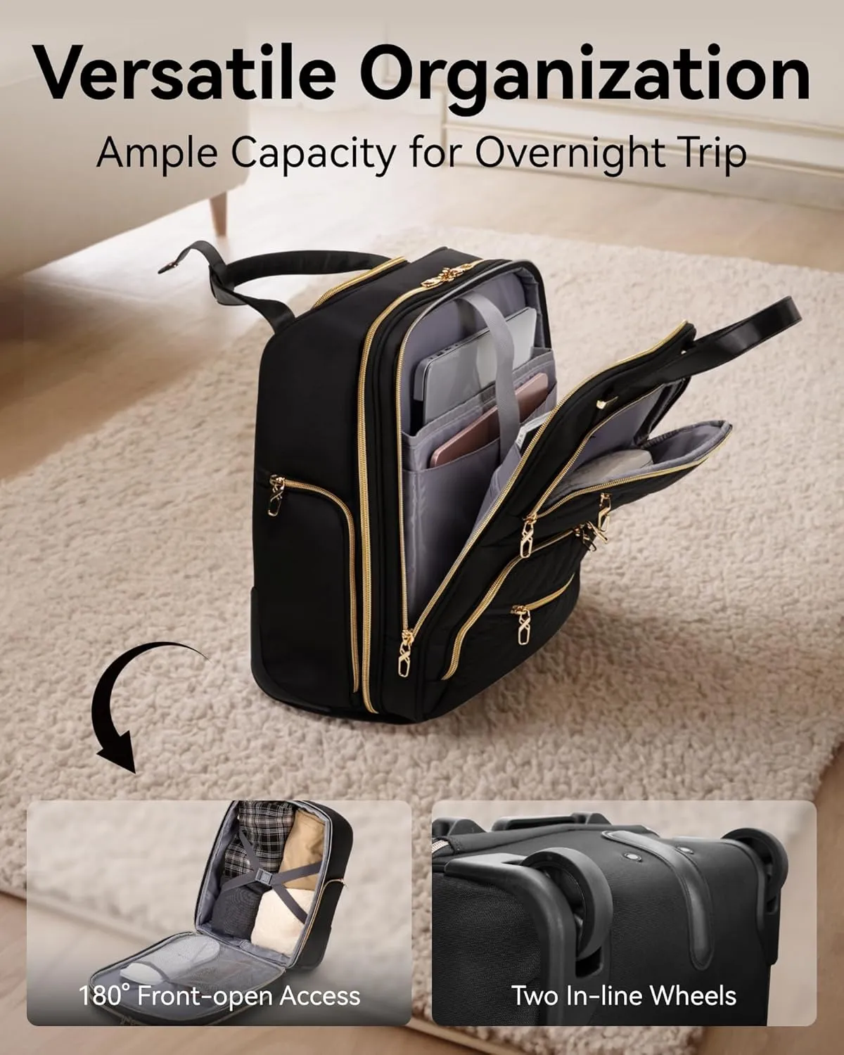 LUGGEX Underseat Carry On Luggage with Wheels, Stylish Lightweight Under Seat Luggage, Soft Sided Personal Item Suitcase for Short Trip (Black, 16 Inch)