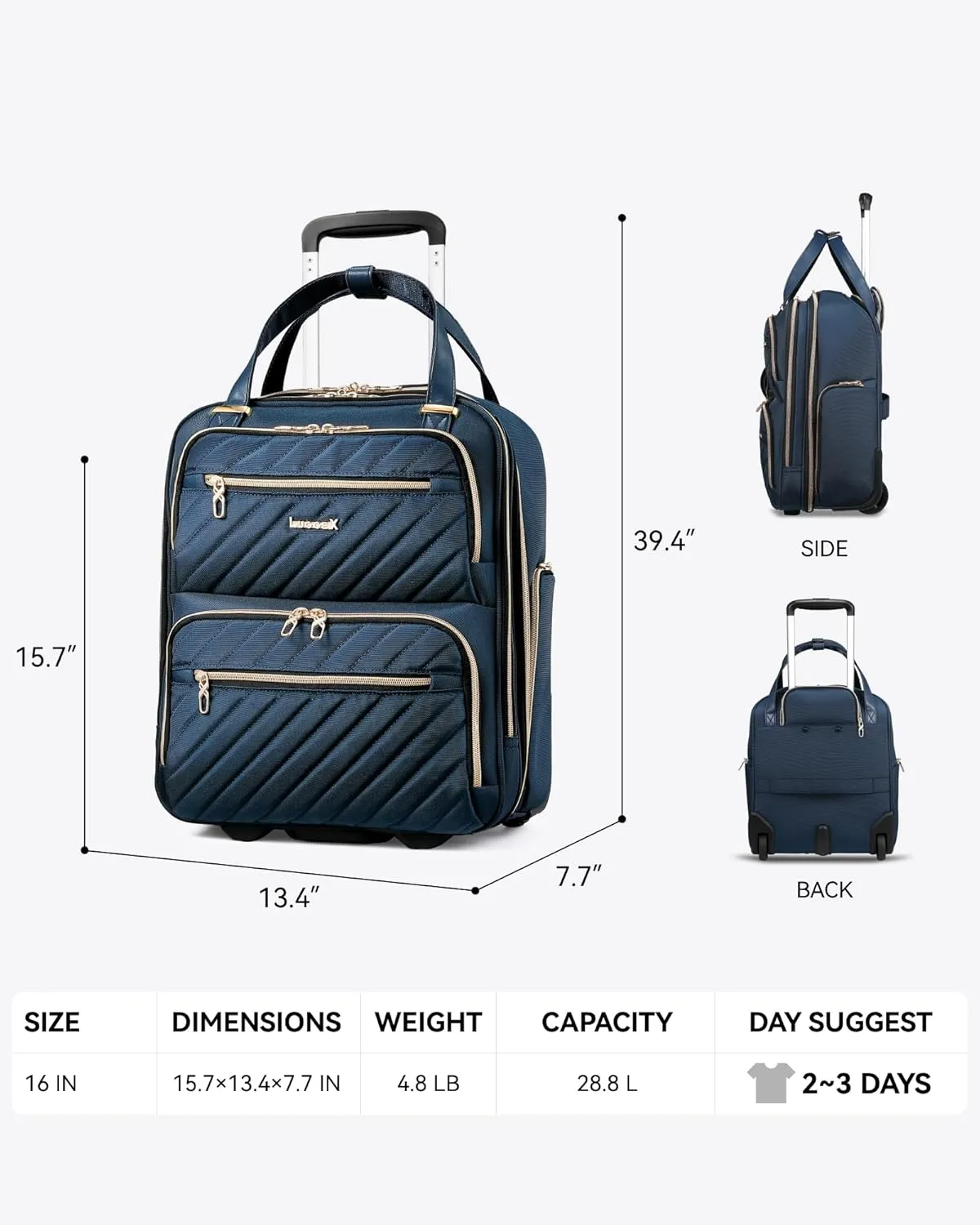 LUGGEX Underseat Carry On Luggage with Wheels, Stylish Lightweight Under Seat Luggage, Soft Sided Personal Item Suitcase for Short Trip (Blue, 16 Inch)