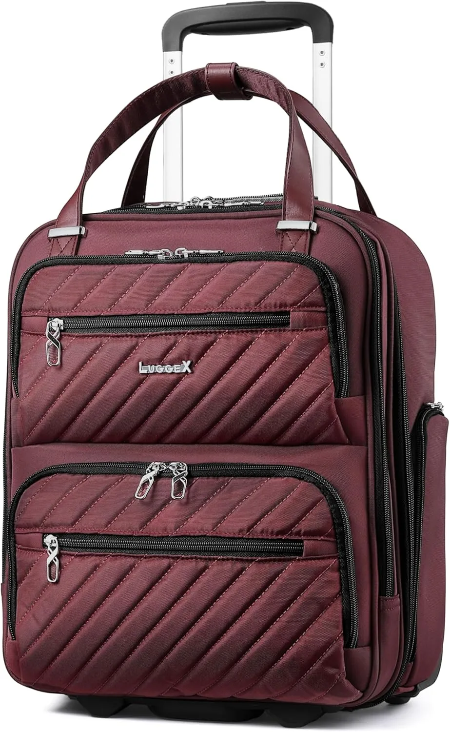 LUGGEX Underseat Carry On Luggage with Wheels, Stylish Lightweight Under Seat Luggage, Soft Sided Personal Item Suitcase for Short Trip (Dark Scarlet, 16 Inch)