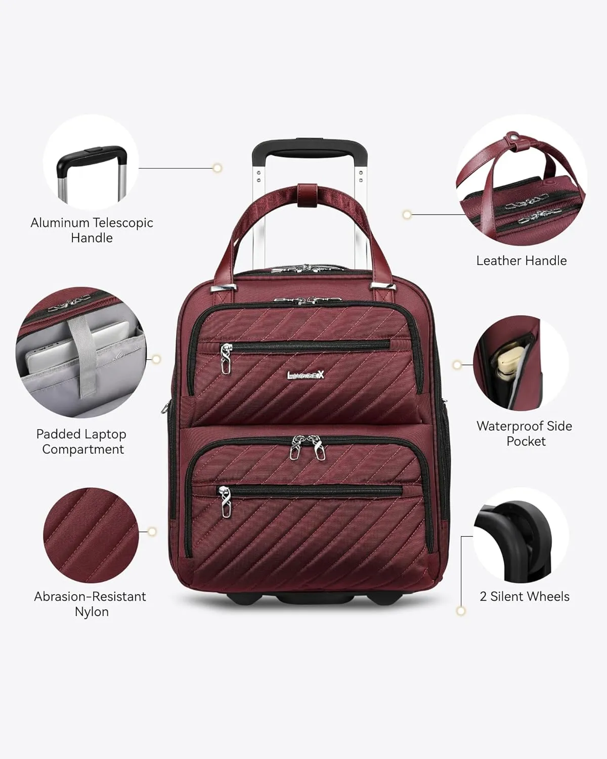 LUGGEX Underseat Carry On Luggage with Wheels, Stylish Lightweight Under Seat Luggage, Soft Sided Personal Item Suitcase for Short Trip (Dark Scarlet, 16 Inch)