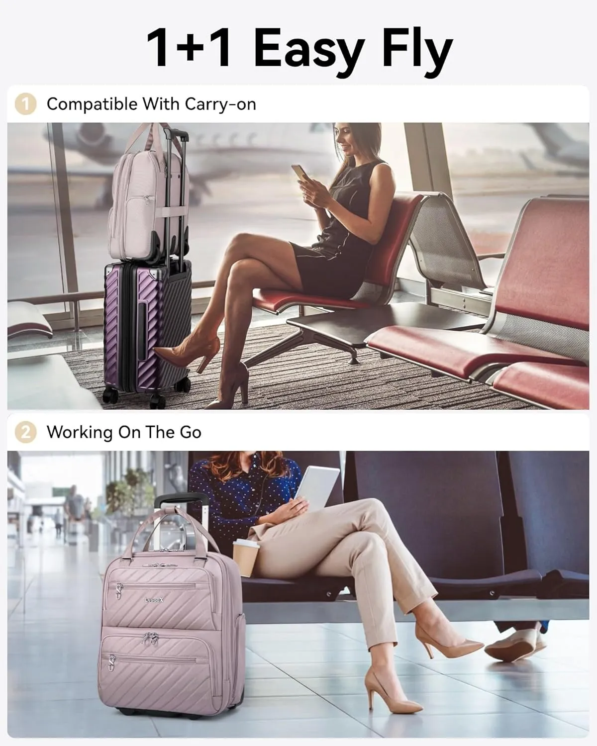 LUGGEX Underseat Carry On Luggage with Wheels, Stylish Lightweight Under Seat Luggage, Soft Sided Personal Item Suitcase for Short Trip (Grey Pink, 16 Inch)