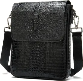 LUKZIJAES Genuine Leather Flap Messenger Bag for Men Vintage Crocodile Embossed Crossbody Small Shoulder Bags