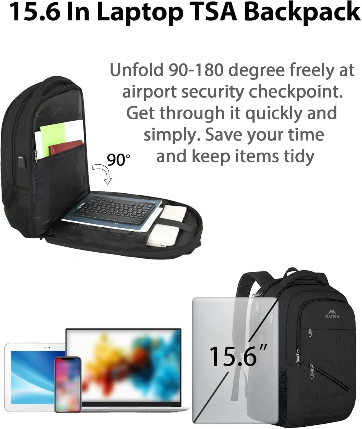 MATEIN 15.6 Inch Backpack for Men Women, Professional Business Laptop Backpack with Multiple Organization Pockets, Water Resistant Casual Daypack for Traveling On Airplane, Black