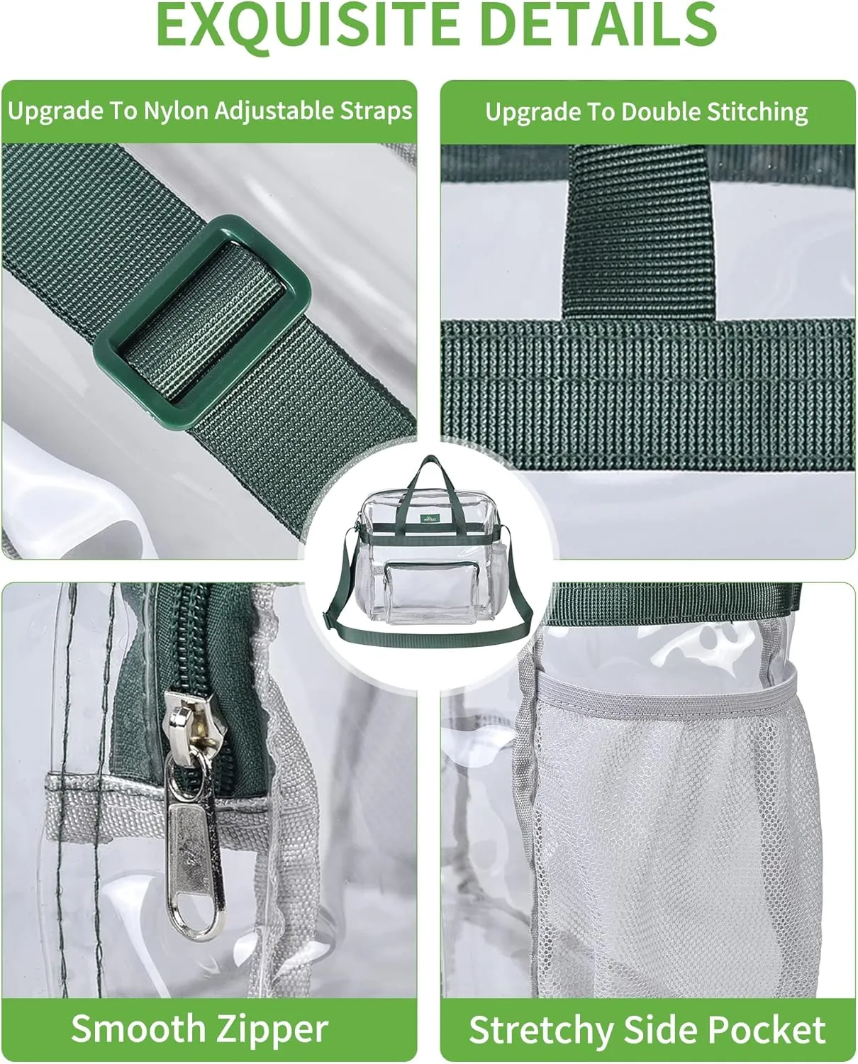 MAY TREE Clear Bag for Stadium Events 12612 Clear Tote Lunch Bag with Reinforced Straps for Work and Sporting Events, Green