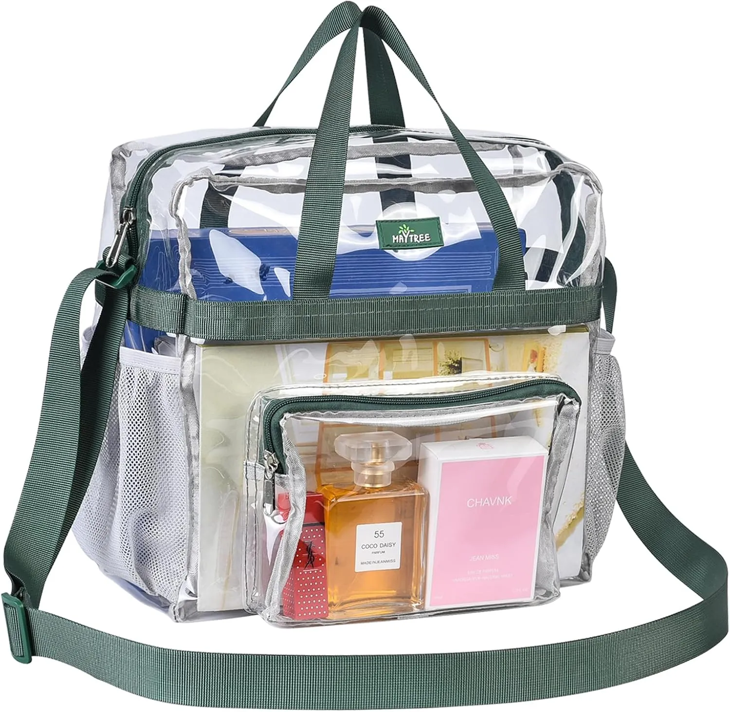MAY TREE Clear Bag for Stadium Events 12612 Clear Tote Lunch Bag with Reinforced Straps for Work and Sporting Events, Green